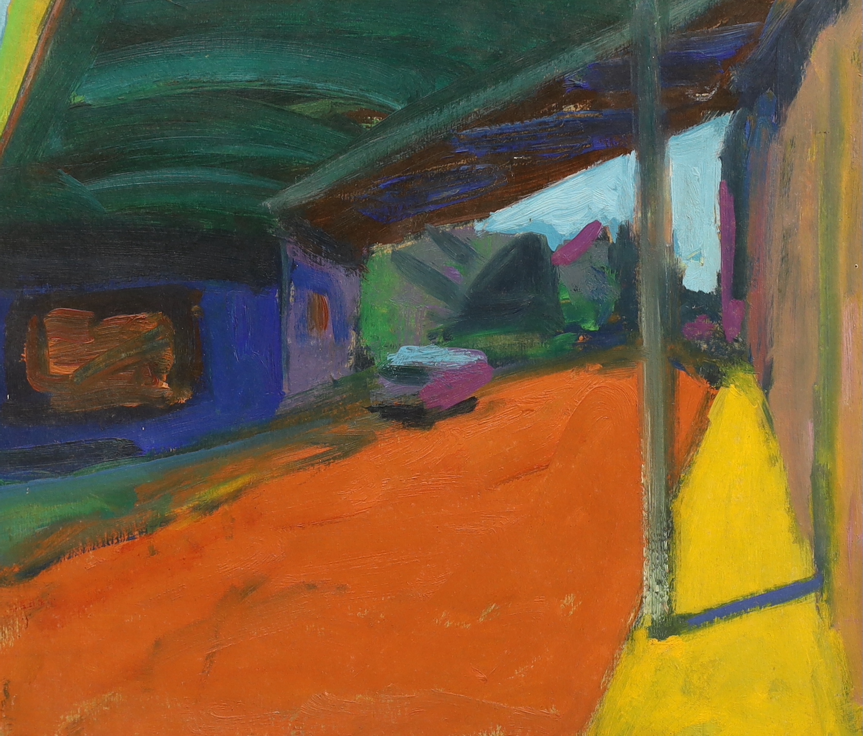 Anthony Frost (b.1951-), oil on board, abstract street scene, 35 x 30cm